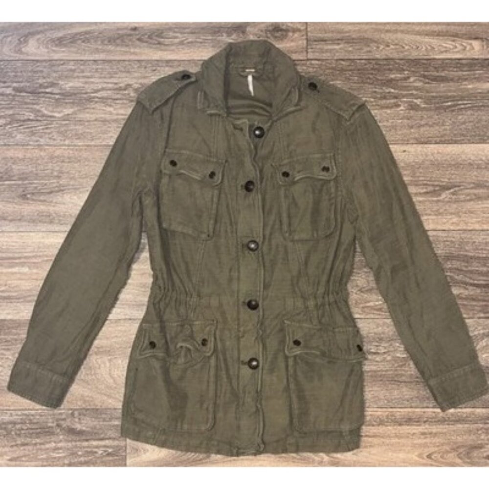 Free People Military Jacket Olive Green Four Pocket Utility Coat Size XS